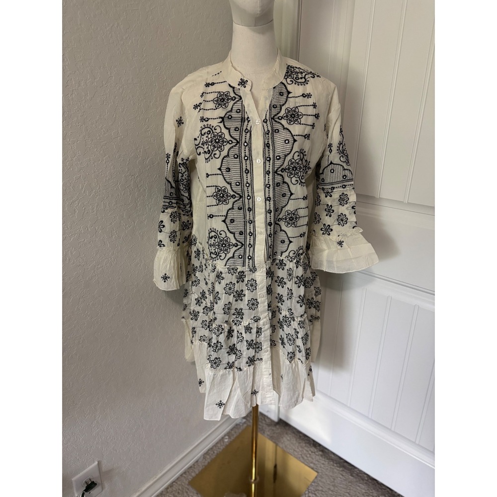 Embroidered Tunic Dress Bohemian Style Ruffle Sleeve Detail Unique‎ Size